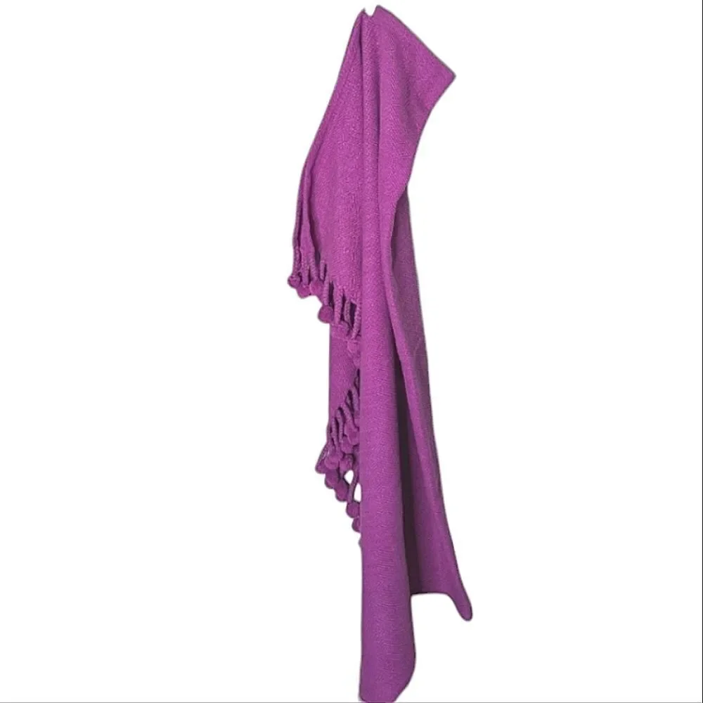 Karma Living Textured Purple Woven Cotton Sofa Throw With Large Pom Pom Fringe